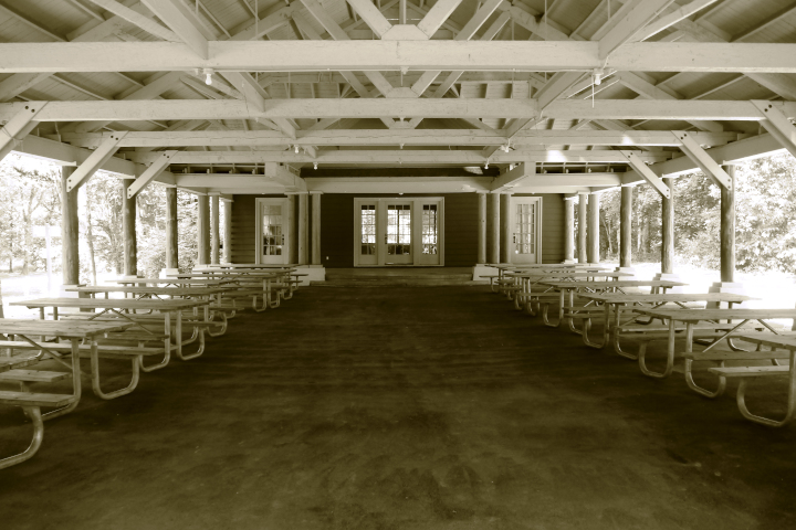 Picnic tables within the pavilion